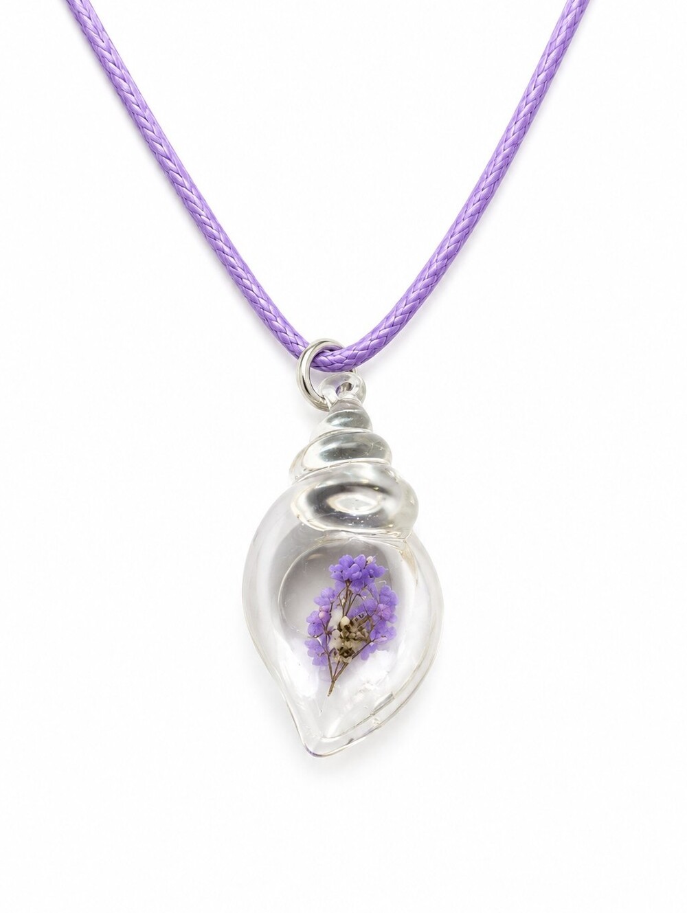 Handmade Glass Teardrop Pendant Necklace with Pressed Purple Flowers on Lavender